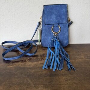 AR New York Cell Phone Crossbody Purse Blue Faux Leather Fringe Tassel Bag NWT